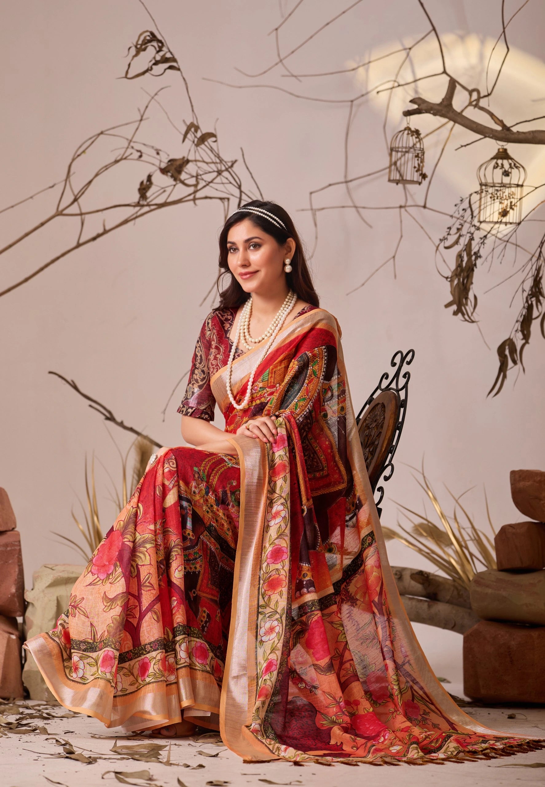 Red Digital Floral Print Linen Cotton Saree – Kalyanja